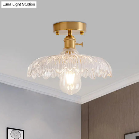 Industrial Brass Semi Flush Ceiling Light With Dome/Barn/Flower Shade - Amber/Clear Textured Glass