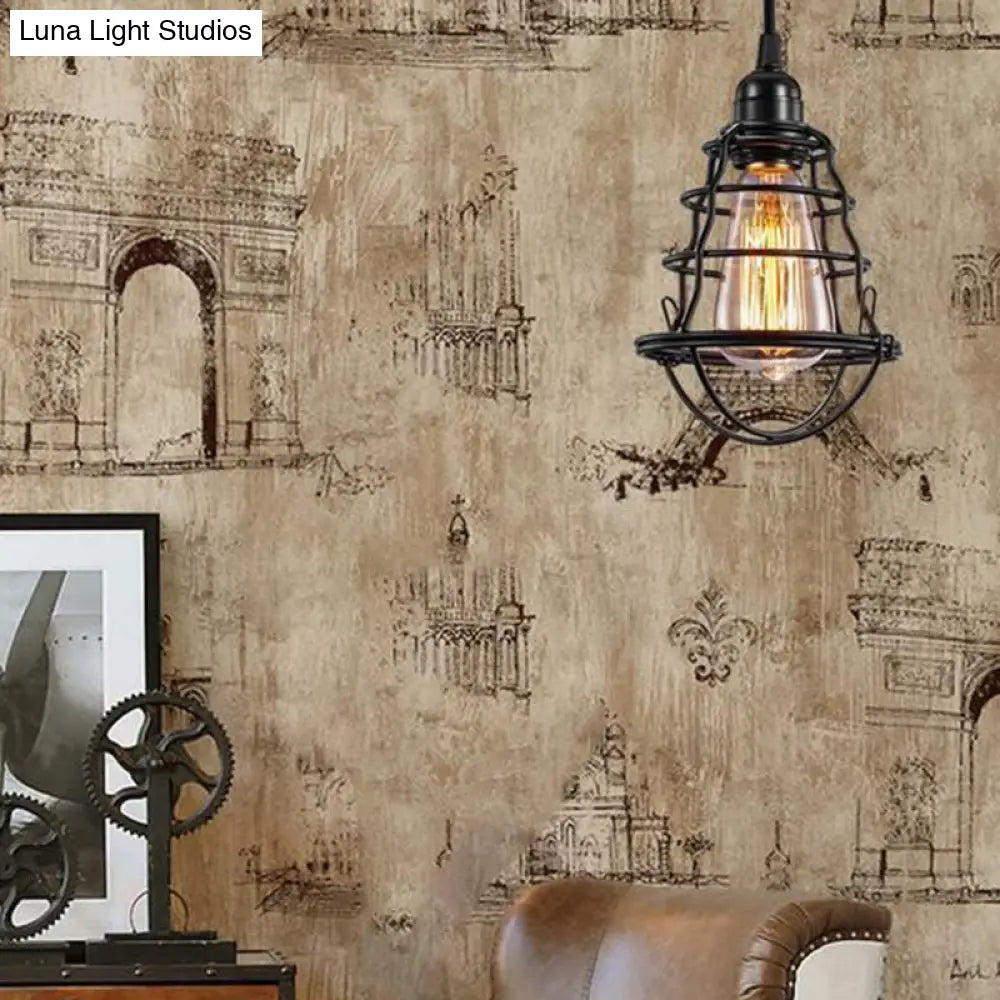 Industrial Cage Metal Pendant Light Fixture - Hanging Black Ceiling For Restaurants