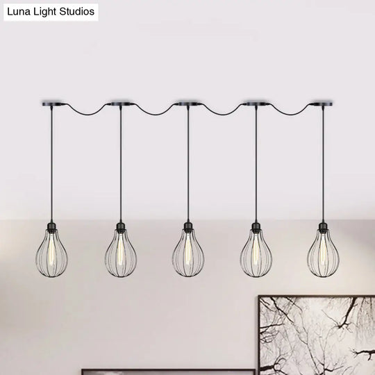 Industrial Pear Cage Pendant Chandelier With 3/5/7 Bulb Multi Light Kit In Black Iron