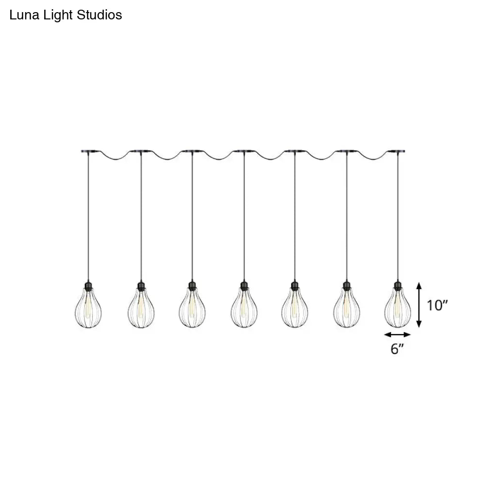 Industrial Pear Cage Pendant Chandelier With 3/5/7 Bulb Multi Light Kit In Black Iron