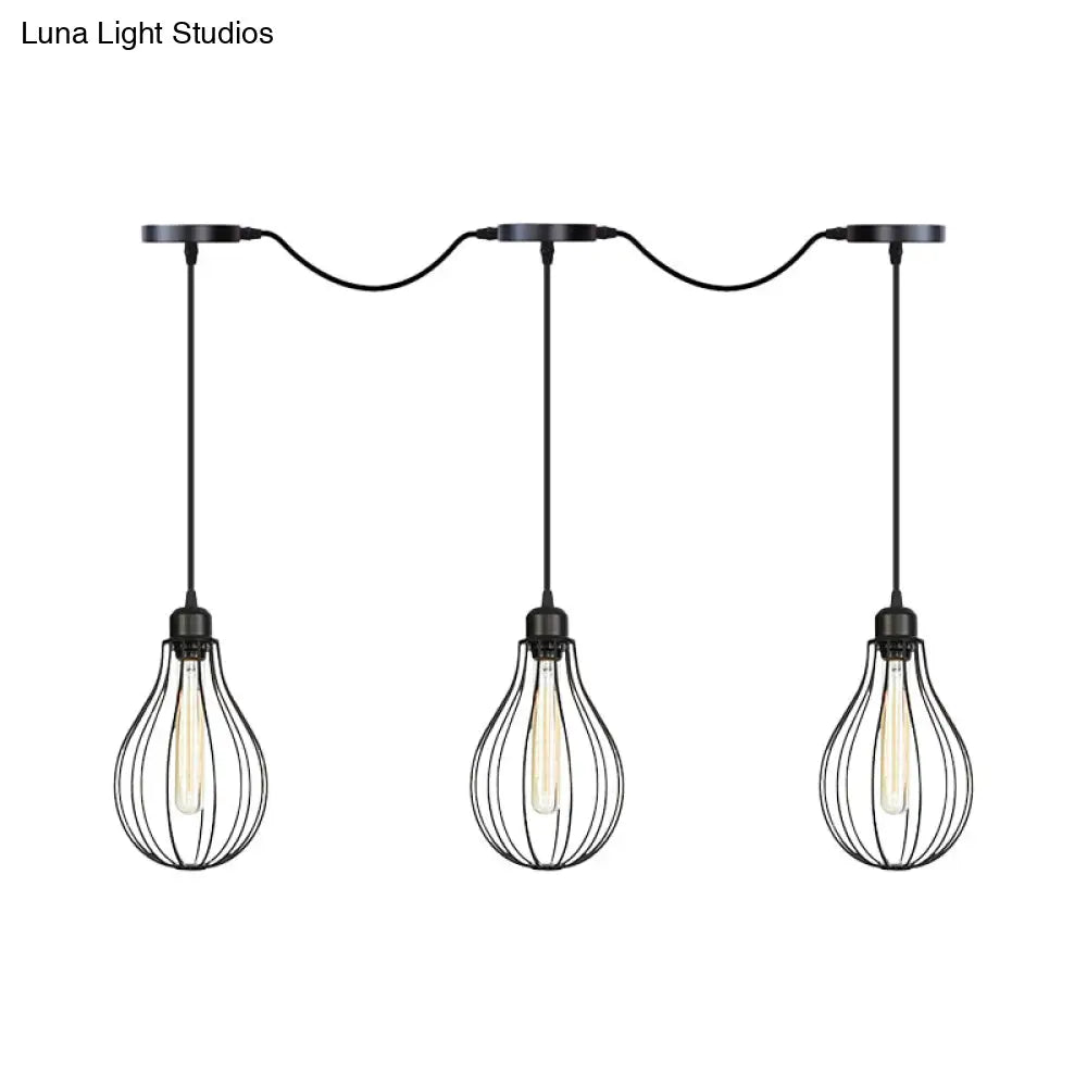 Industrial Pear Cage Pendant Chandelier With 3/5/7 Bulb Multi Light Kit In Black Iron