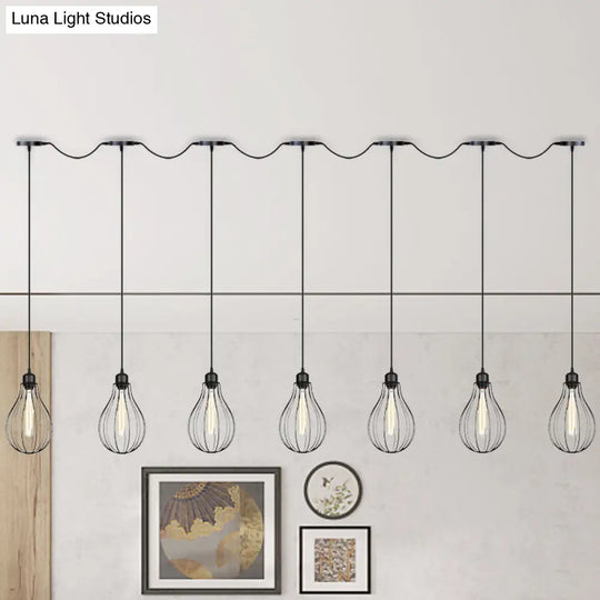 Industrial Pear Cage Pendant Chandelier With 3/5/7 Bulb Multi Light Kit In Black Iron 7 /