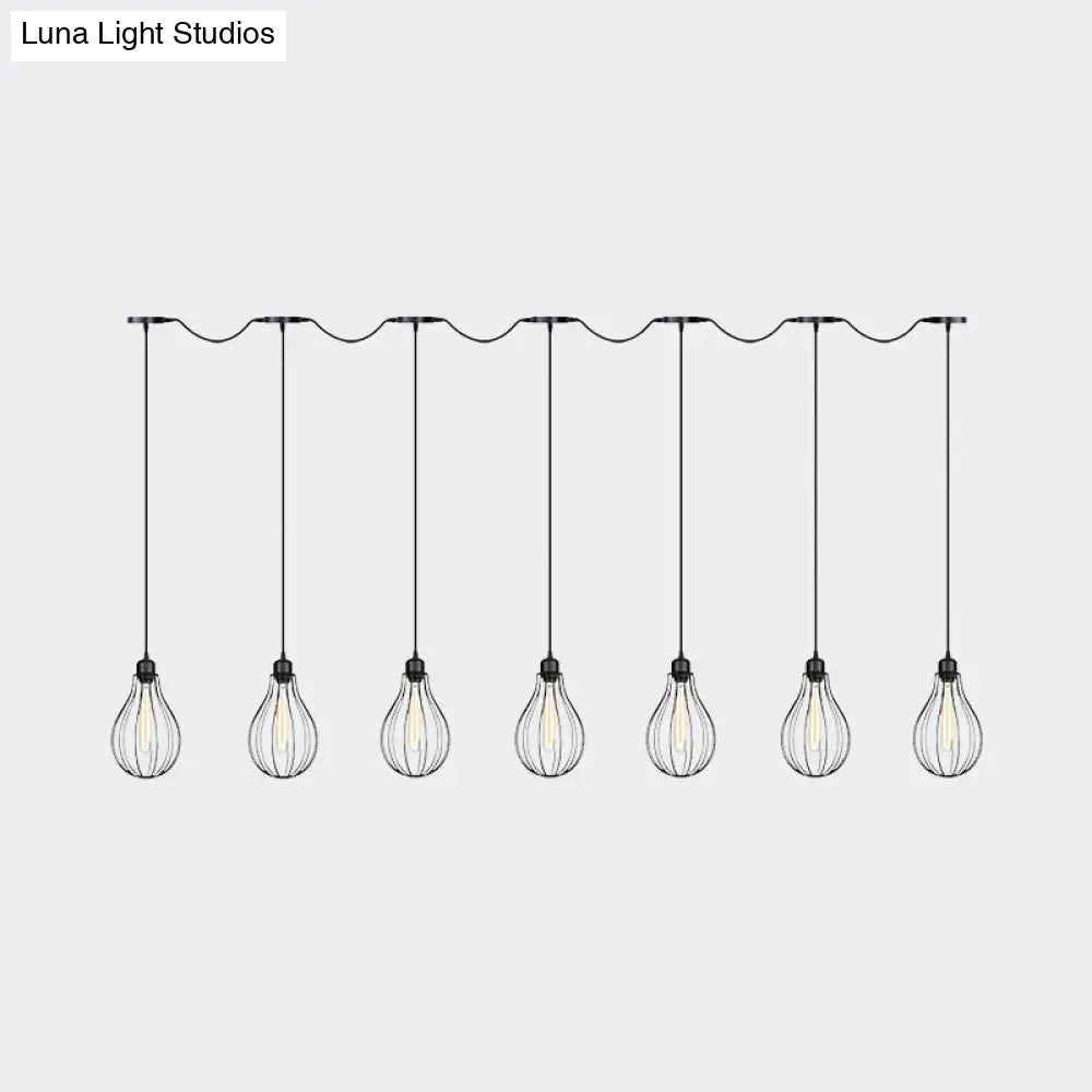 Industrial Pear Cage Pendant Chandelier With 3/5/7 Bulb Multi Light Kit In Black Iron