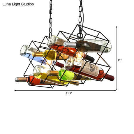 Industrial Cage Pendant Lamp With Exposed Bulb - Metal Black Chandelier Fixture (3 Light) Incl.