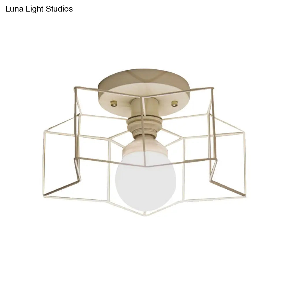 Industrial Cage Shade Ceiling Light For Bedroom - Black/White Metal Semi-Flush Mount