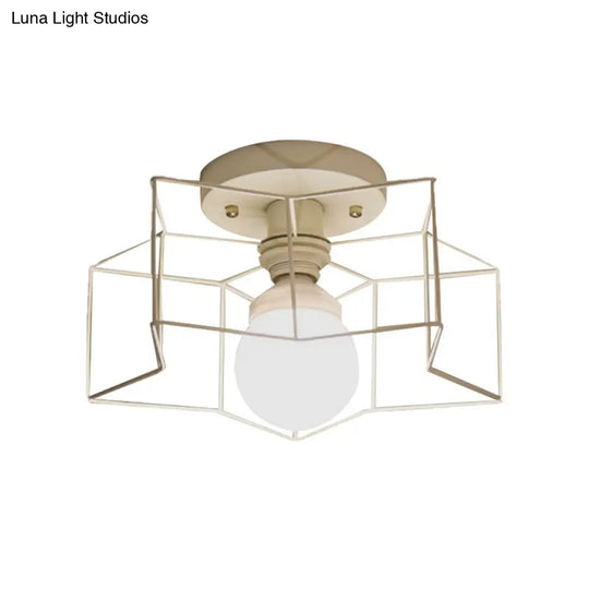 Industrial Cage Shade Ceiling Light For Bedroom - Black/White Metal Semi-Flush Mount