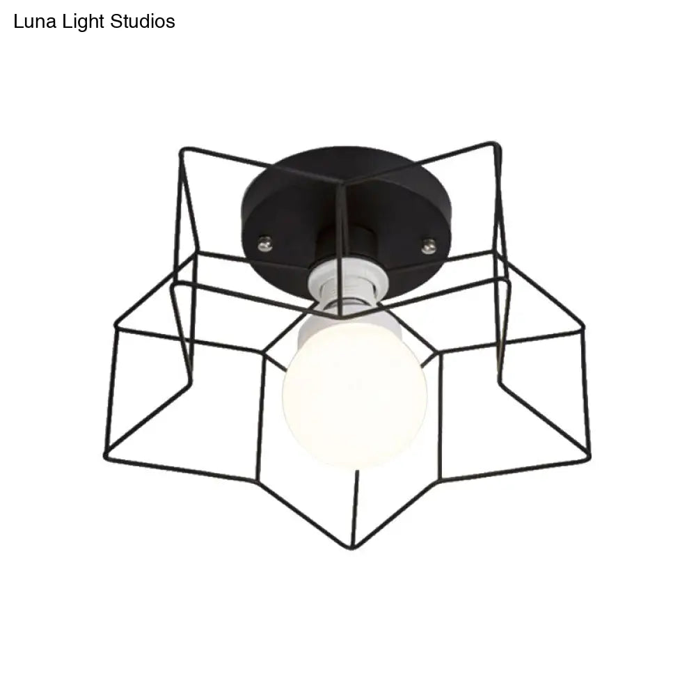 Industrial Cage Shade Ceiling Light For Bedroom - Black/White Metal Semi-Flush Mount