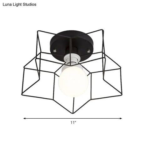 Industrial Cage Shade Ceiling Light For Bedroom - Black/White Metal Semi-Flush Mount