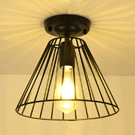 Industrial Cage - Style Conical Semi - Flush Light In Black - Indoor 1 Bulb Mount