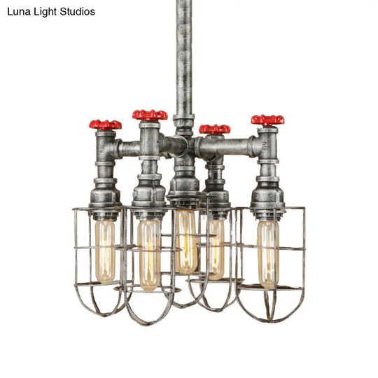 Industrial Caged Amber Glass Hanging Chandelier With Silver Valve - 5-Lights Ceiling Light Fixture
