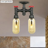 Industrial Capsule Amber Glass Semi Flush Mount Light - Matte Black With Pipe Design
