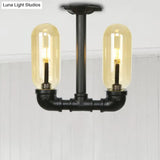 Industrial Capsule Amber Glass Semi Flush Mount Light - Matte Black With Pipe Design