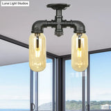 Industrial Capsule Amber Glass Semi Flush Mount Light - Matte Black With Pipe Design