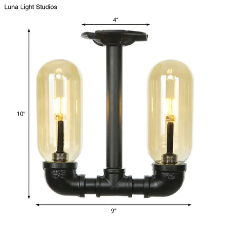Industrial Capsule Amber Glass Semi Flush Mount Light - Matte Black With Pipe Design