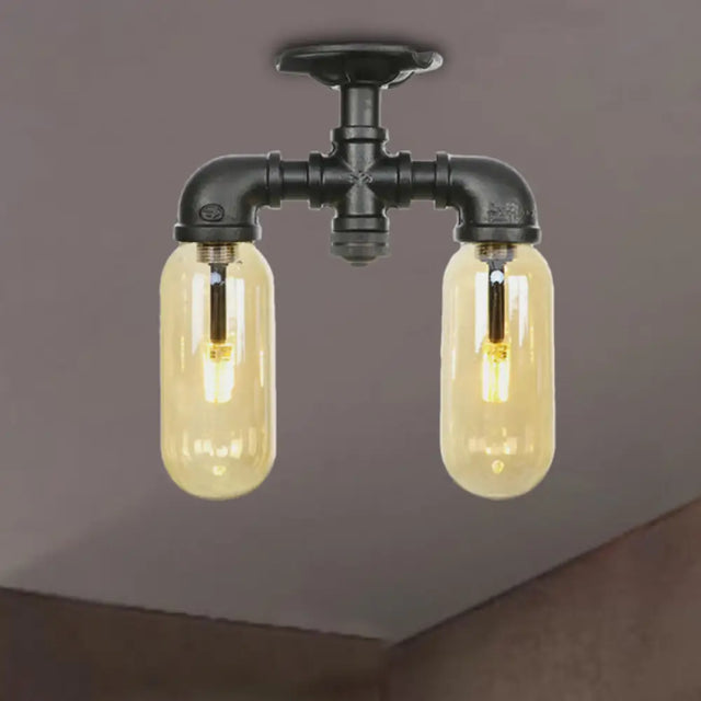 Industrial Capsule Amber Glass Semi Flush Mount Light - Matte Black With Pipe Design / A