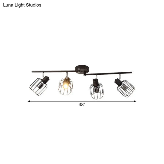 Industrial Ceiling Light With Mini Drum Cage Shade For Coffee Shop - 4 Lights Semi-Flush Iron