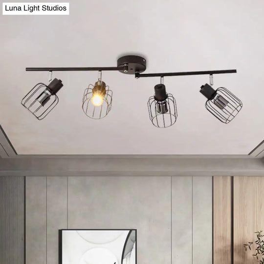 Industrial Ceiling Light With Mini Drum Cage Shade For Coffee Shop - 4 Lights Semi - Flush Iron