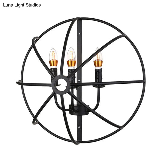 Industrial Circle Caged Wall Sconce Light With Candle Design - 2/3 Lights For Dining Room Black Iron