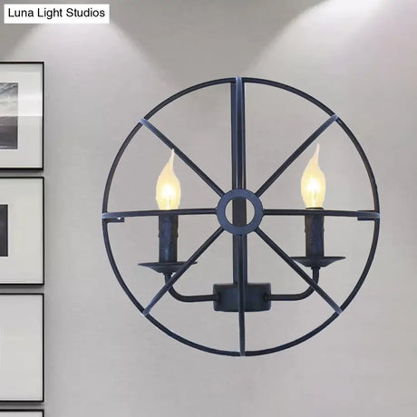 Industrial Circle Caged Wall Sconce Light With Candle Design - 2/3 Lights For Dining Room Black Iron