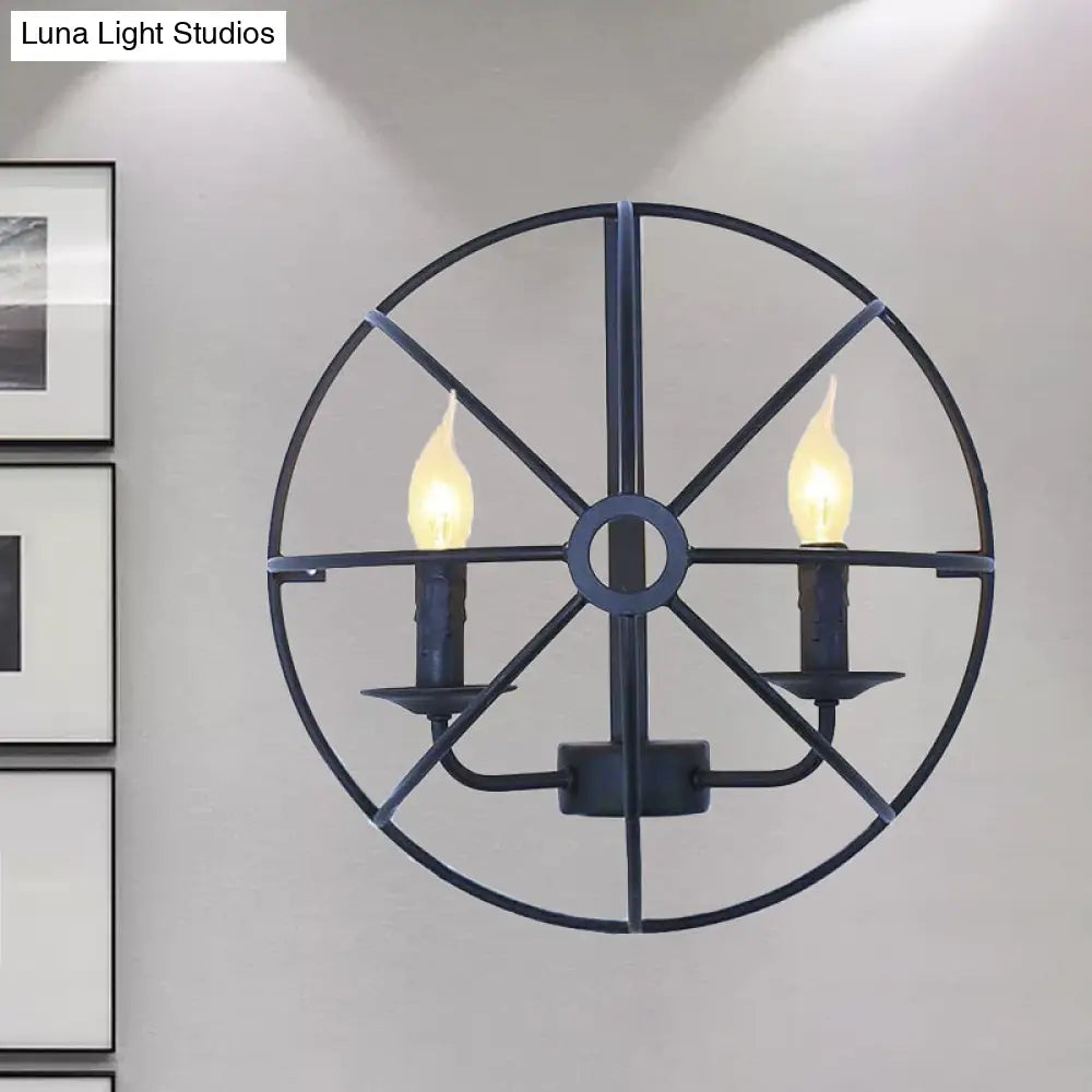 Industrial Circle Caged Wall Sconce Light With Candle Design - 2/3 Lights For Dining Room Black Iron