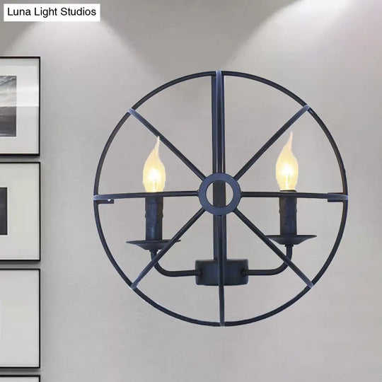 Industrial Circle Caged Wall Sconce Light With Candle Design - 2/3 Lights For Dining Room Black Iron