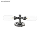 Industrial Clear/Amber Glass 2-Light Sconce Lamp With Base - Tube Shade Living Room Task Lighting In
