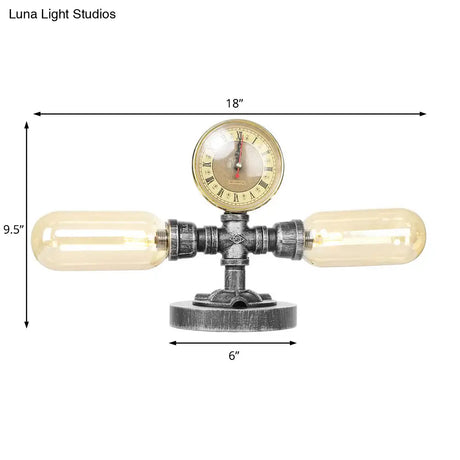 Industrial Clear/Amber Glass 2-Light Sconce Lamp With Base - Tube Shade Living Room Task Lighting In