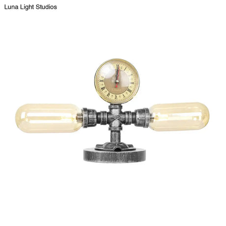 Industrial Clear/Amber Glass 2-Light Sconce Lamp With Base - Tube Shade Living Room Task Lighting In