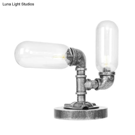 Industrial Clear/Amber Glass 2-Light Sconce Lamp With Base - Tube Shade Living Room Task Lighting In