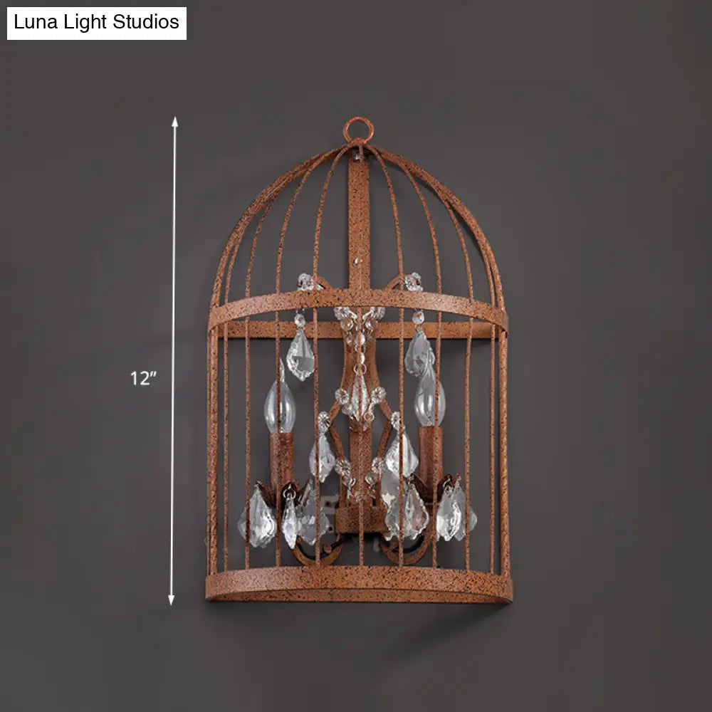 Industrial Clear Crystal Glass Wall Sconce - Rust Lighting Fixture With 2 Heads For Birdcage Living