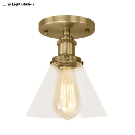 Industrial Clear Glass Ceiling Light In Black/Brass/Copper - Single Bulb Semi Flush Mount