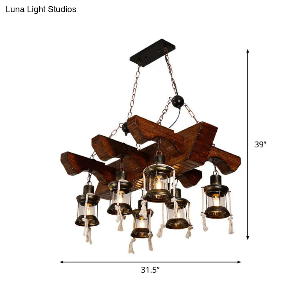 Industrial Lantern Chandelier Pendant Light With Clear Glass And Wood Finish - 4/6 Heads For