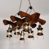 Industrial Clear Glass Chandelier With Wood Accents For Restaurant Ceiling - 4/6 Heads Lantern