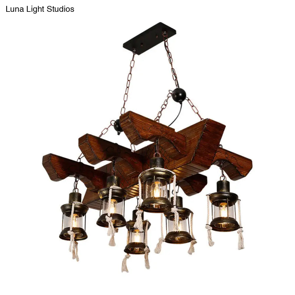 Industrial Lantern Chandelier Pendant Light With Clear Glass And Wood Finish - 4/6 Heads For