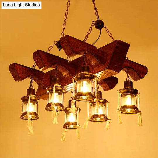 Industrial Lantern Chandelier Pendant Light With Clear Glass And Wood Finish - 4/6 Heads For