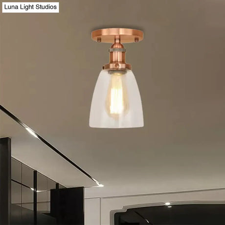 Industrial Clear Glass Conical Semi Flush Light For Foyer - Brass/Copper/Rust Ceiling Mount Fixture