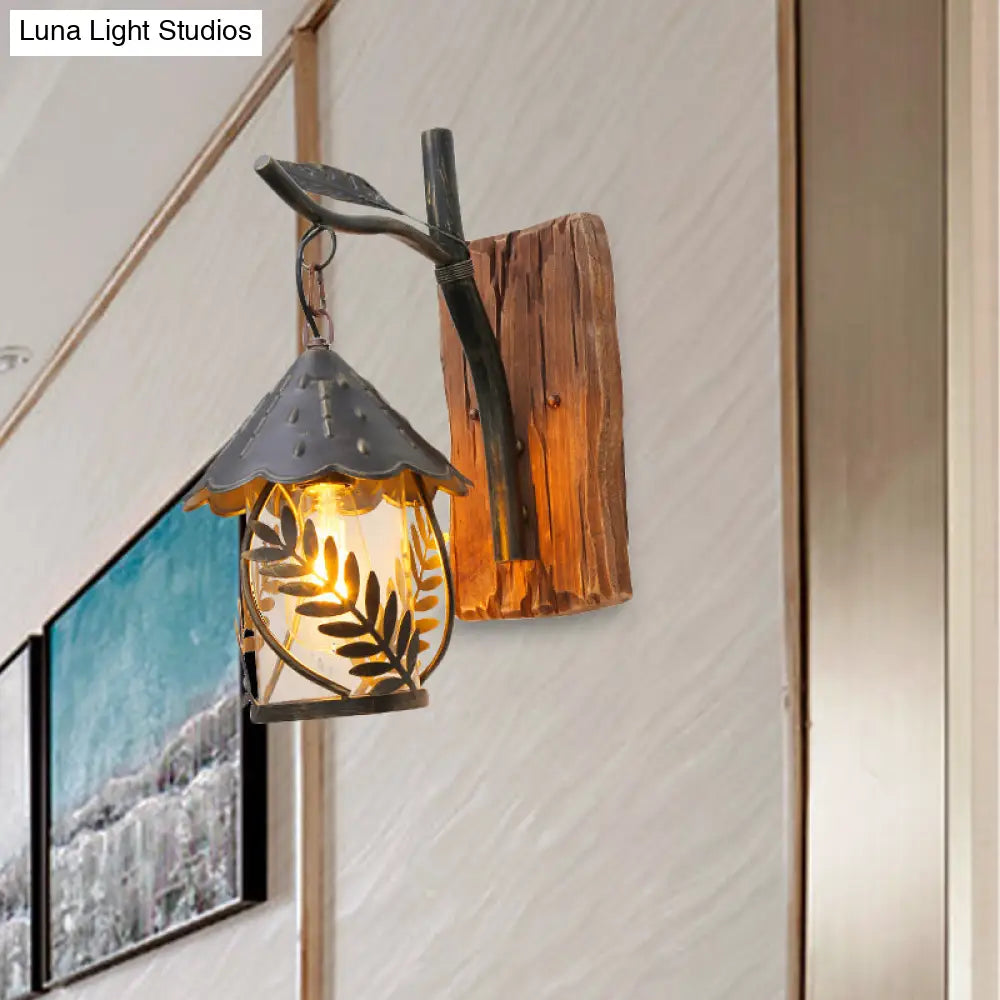 Industrial Clear Glass/Fabric Black Sconce Light With 1-Light Cylinder Leaf And Wood Backplate