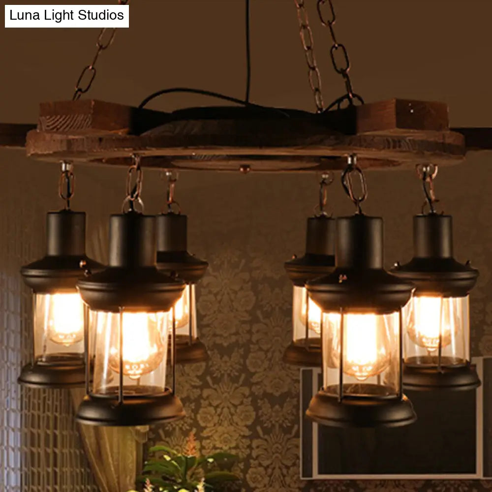 Industrial Clear Glass Ceiling Lamp With Lantern Shade - Black Pendant Light For Dining Room And