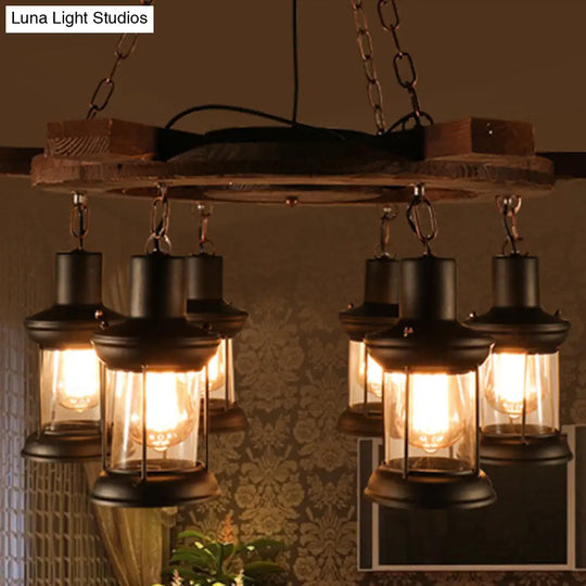 Industrial Clear Glass Ceiling Lamp With Lantern Shade - Black Pendant Light For Dining Room And