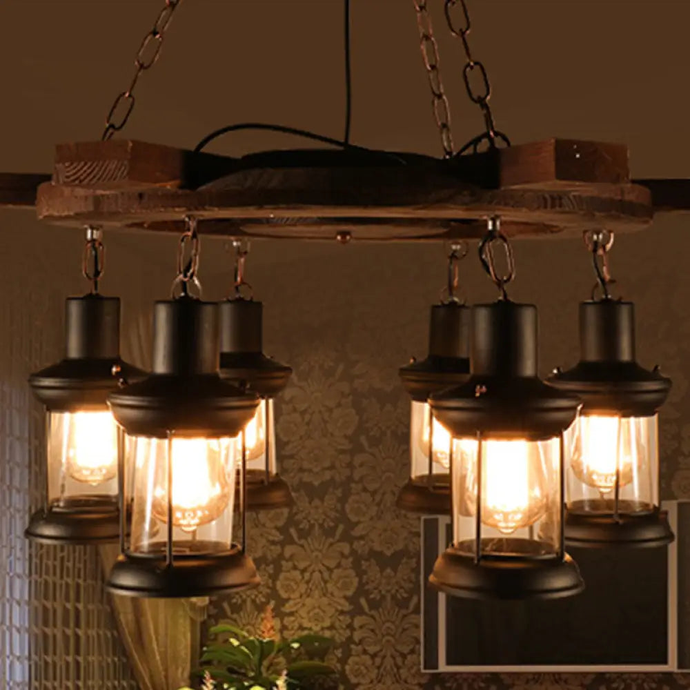 Industrial Clear Glass Lantern Shade Chandelier Pendant Light With 3/6 Bulbs For Dining Room