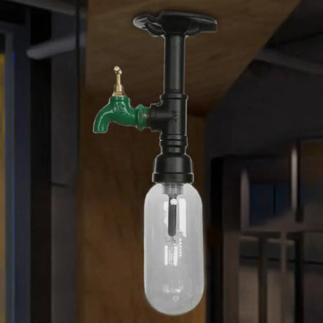 Industrial Clear Glass Semi - Flush Ceiling Light With Pipe Design Black / B