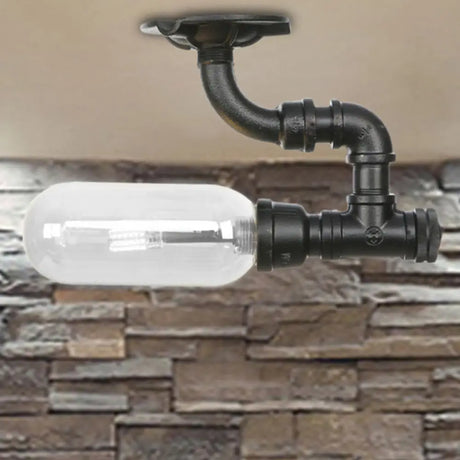 Industrial Clear Glass Semi - Flush Ceiling Light With Pipe Design Black / D