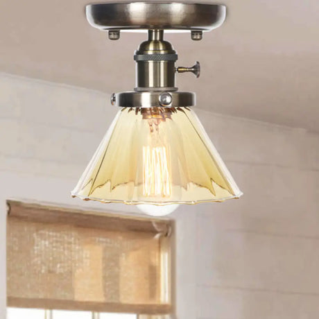 Industrial Cone/Bell/Rhombus Glass Semi Flush Mount Light - Bronze Finish Amber / Bell