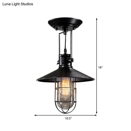 Industrial Cone Metal Ceiling Light In Black With Cage - Semi Flush Mount Single Bulb For Living