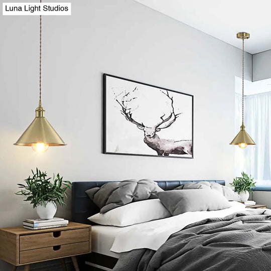 Industrial Metal Hanging Light Fixture With Adjustable Cord - Brass Cone Pendant Lighting 7/9.5 W 1