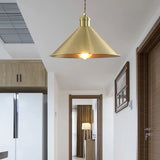 Industrial Cone Metal Hanging Light Fixture With Adjustable Brass Cord - 7’/9.5’ W Ideal For