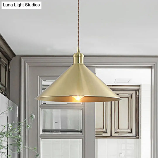 Industrial Cone Metal Hanging Light Fixture With Adjustable Brass Cord - 7’/9.5’ W Ideal For