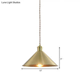 Industrial Cone Metal Hanging Light Fixture With Adjustable Brass Cord - 7’/9.5’ W Ideal For