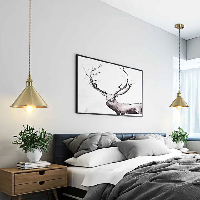 Industrial Cone Metal Hanging Light Fixture With Adjustable Brass Cord - 7’/9.5’ W Ideal For