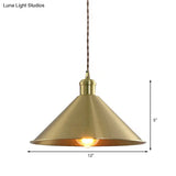 Industrial Cone Metal Hanging Light Fixture With Adjustable Brass Cord - 7’/9.5’ W Ideal For
